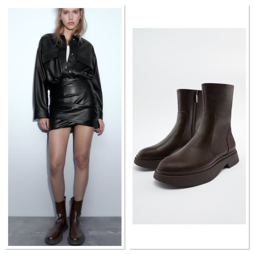 Zara Round Toe Side Zip Low Heeled Brown Ankle Boots Sz:6